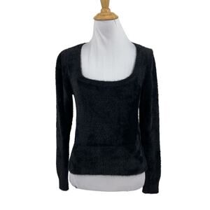 ASTR The Label Sweater Womens XS Extra Small Black Fuzzy Square Neck Cropped